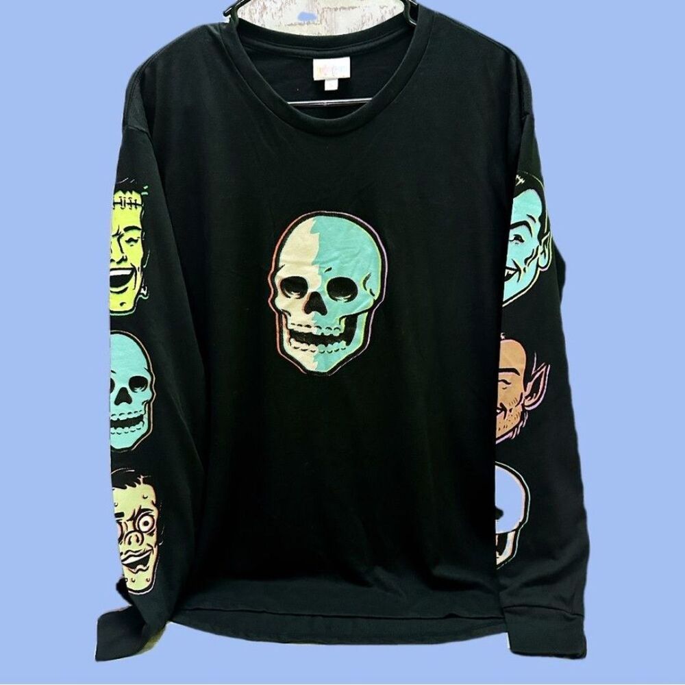 LuLaRoe Men’s Black Tee Halloween Skull Frankenstein Colorful Logo